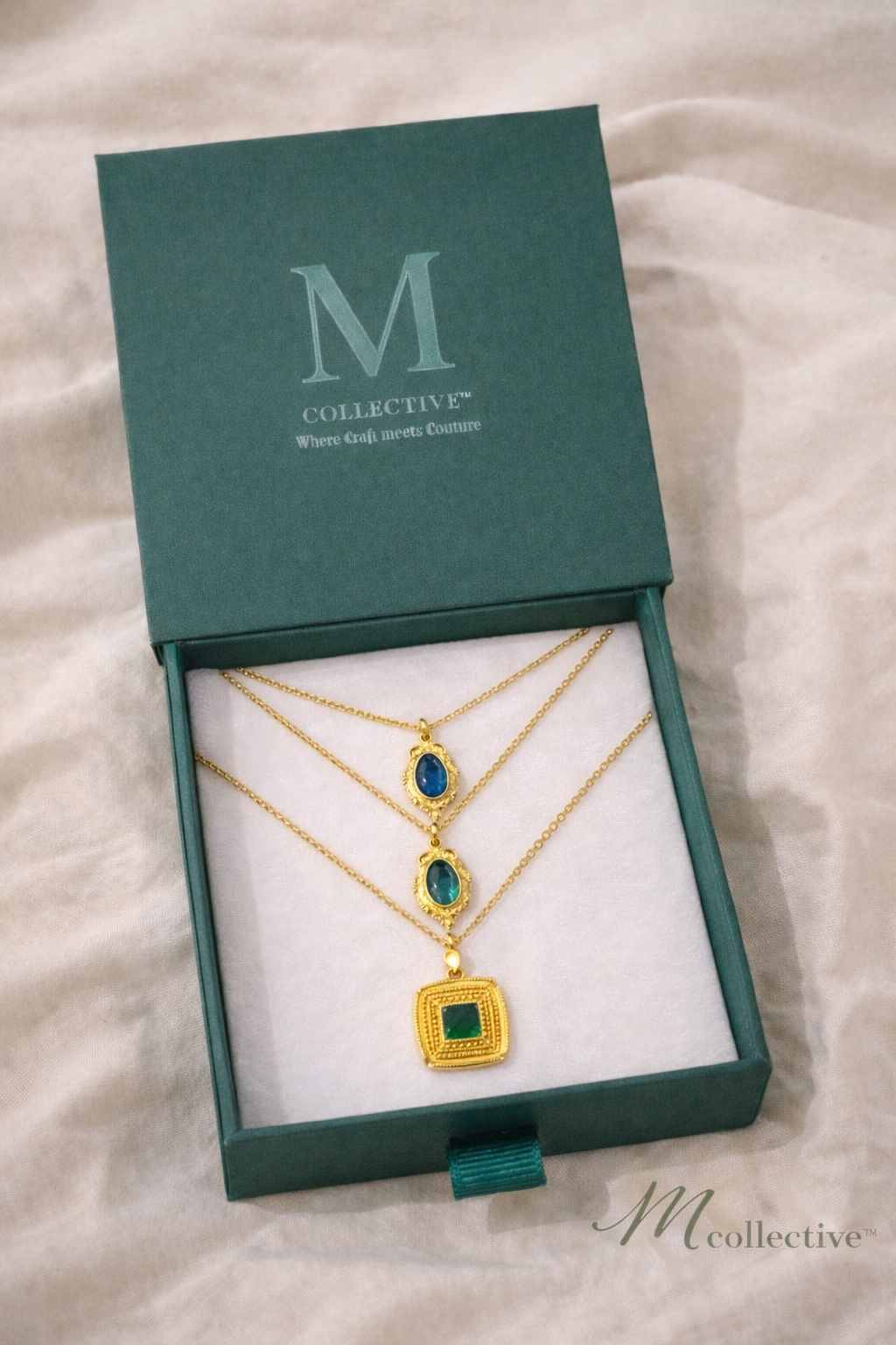 Emerald & Sapphire Layered Gold Necklace Set – Luxury Statement Jewelry | M Collective™