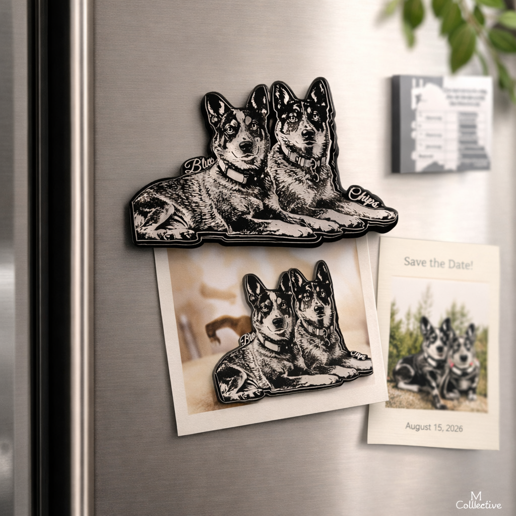 Custom Pet Portrait Magnet | Personalized Dog Keepsake | Luxury Gift with Names