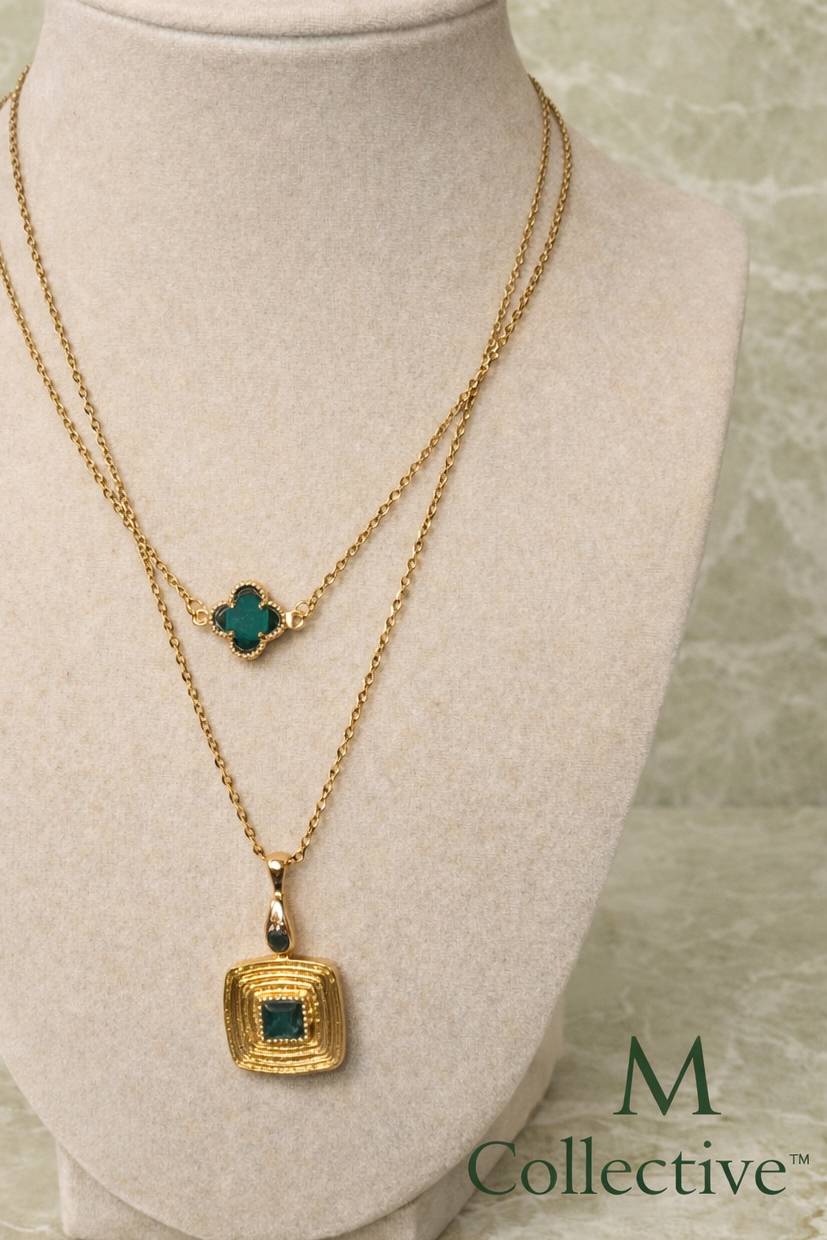 Emerald Luxe Layered Necklace Set | Gold Statement Pendant Necklace | M Collective™