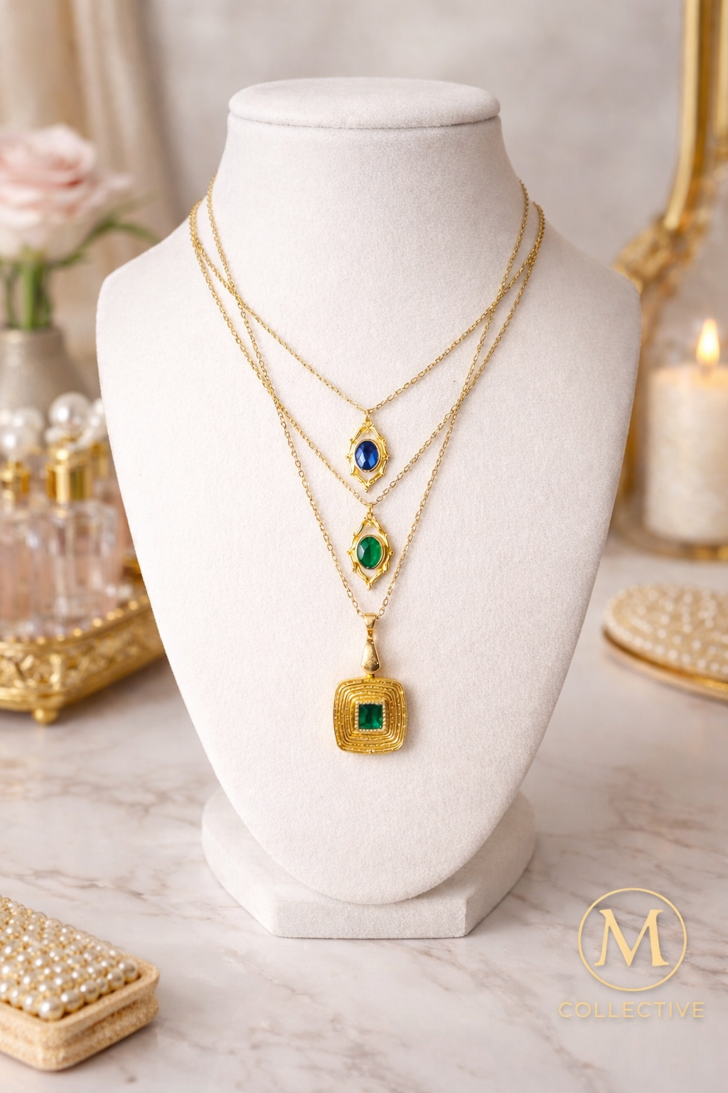 Emerald & Sapphire Layered Gold Necklace Set – Luxury Statement Jewelry | M Collective™
