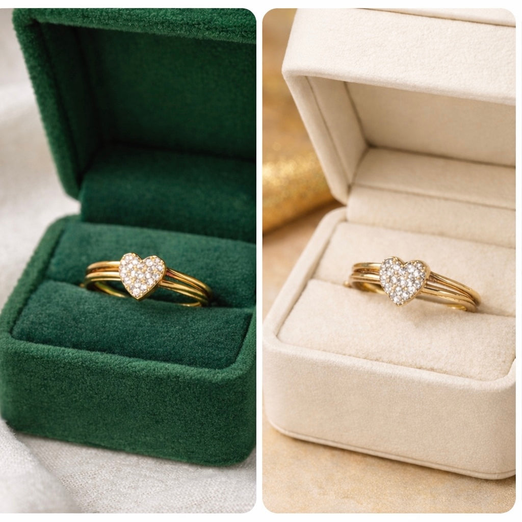 Handmade triple dainty wired, gold plated, diamond heart ring