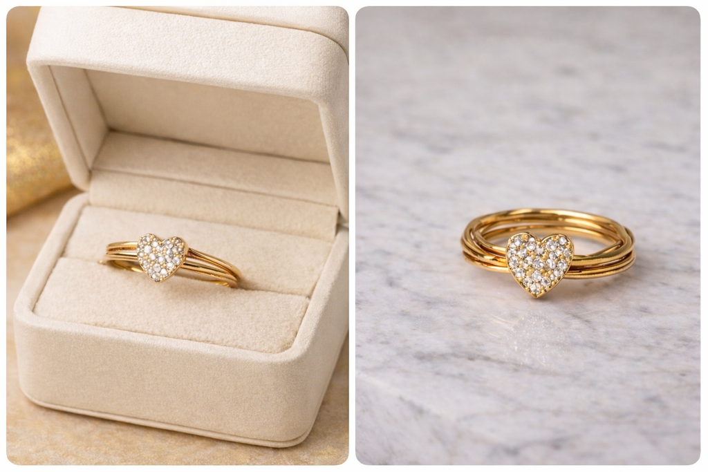 Handmade triple dainty wired, gold plated, diamond heart ring