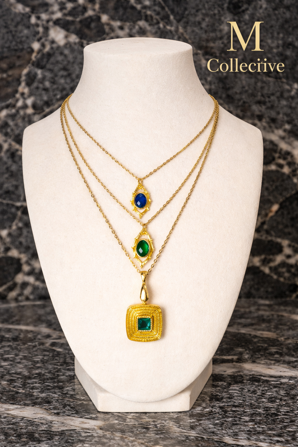 Emerald & Sapphire Layered Gold Necklace Set – Luxury Statement Jewelry | M Collective™